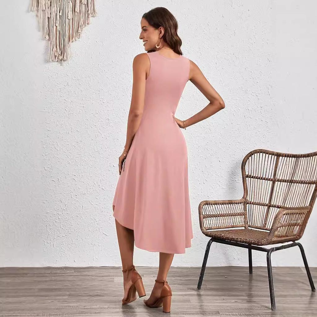 IHUASU Summer Women's Summer Fashion Sleeveless Solid Color A-line Crepe Mid-dress