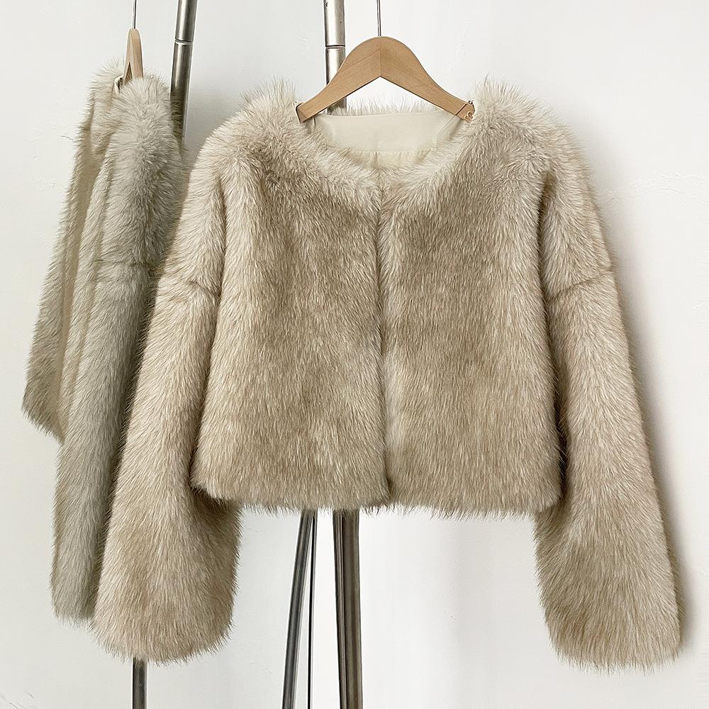 

OFTBUY 2025 Winter Women Coat Faux Fox Fur Short Jacket Puff Artificial Fox Fur Casual Top Outwears Round Collar Solid Streetwears L бежевий