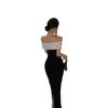 French One-word Shoulder Dress Women's Summer Dress Black and White Splicing Waist Slim Temperament Hip-wrapped Dress
