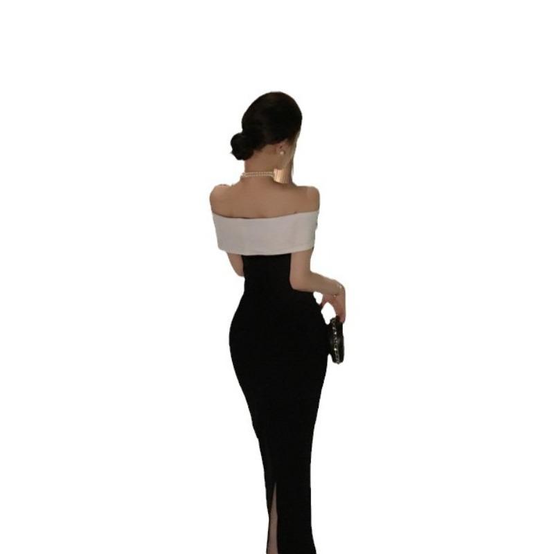 French One-word Shoulder Dress Women's Summer Dress Black and White Splicing Waist Slim Temperament Hip-wrapped Dress