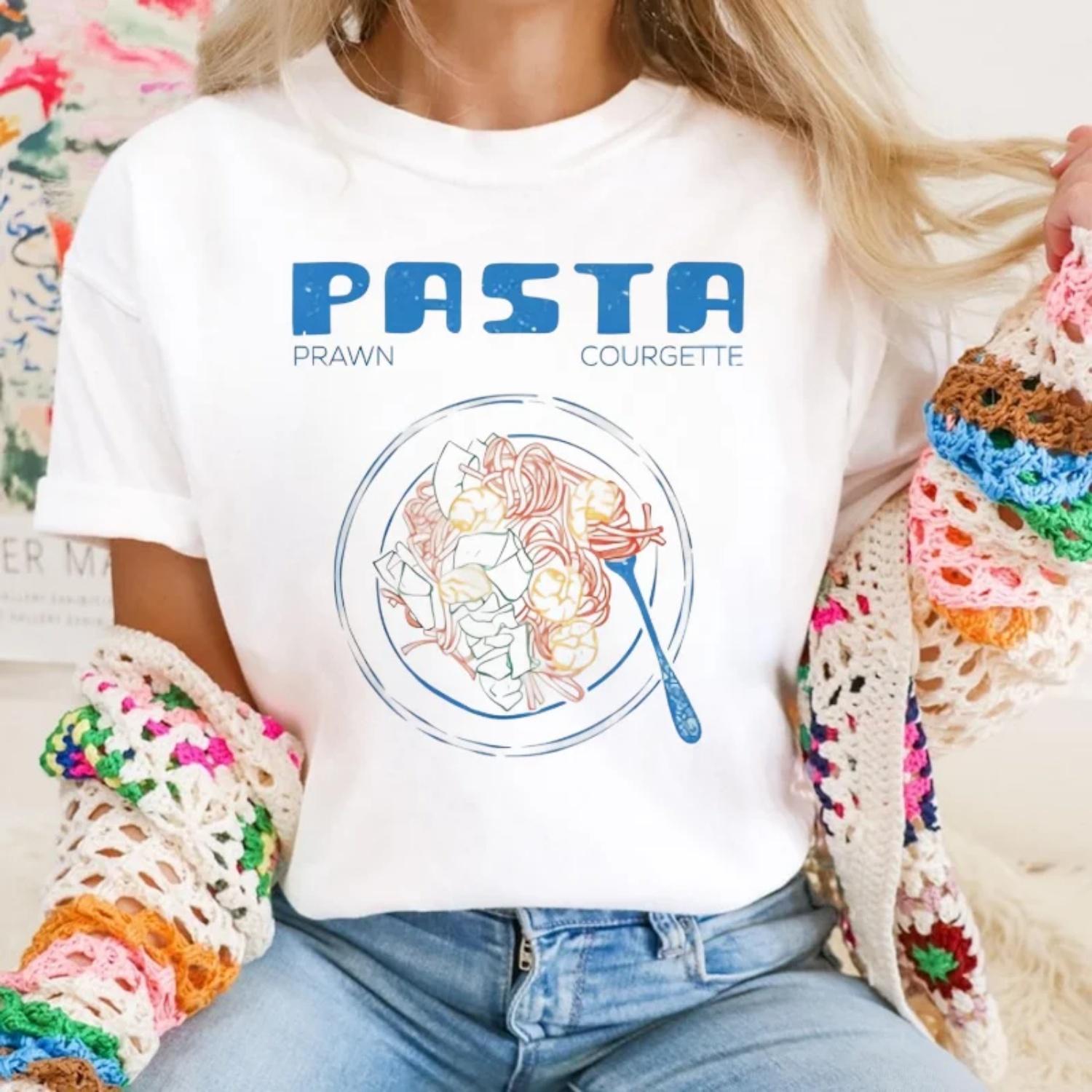 Салат из пасты Мультяшный узор Женский повседневный стиль Веселый принт Летний Обычный Круглый вырез Модный Базовый Белый Женская футболка S