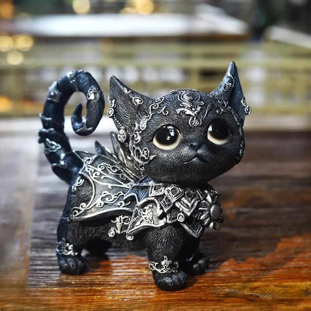 Mystical Black Cat Statue Halloween Decoration Elegant Accented Kitten Sculpture Intricate Gothic Home Decor Enchanting Figurine
