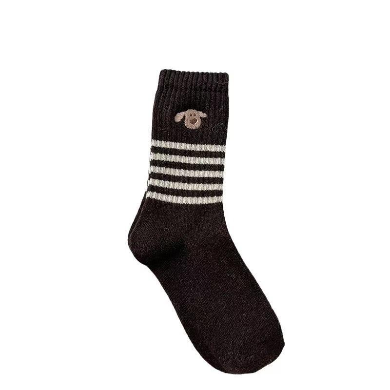 Wollsocken für Damen im Herbst und Winter Wadenlange Socken mit Fleece und Verdickung Warm und niedlich Welpen Gestreifte Damensocken