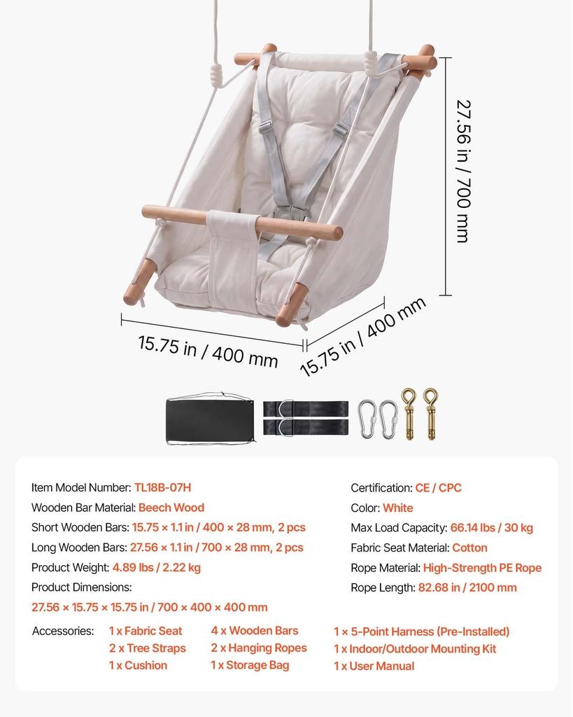 Baby Swing 30 kg Weight Capacity 3 Modes Canvas Hammock Swing White, for Indoor and Outdoor, 5-Point Harness and Tree Straps, Wooden Hanging Seat with