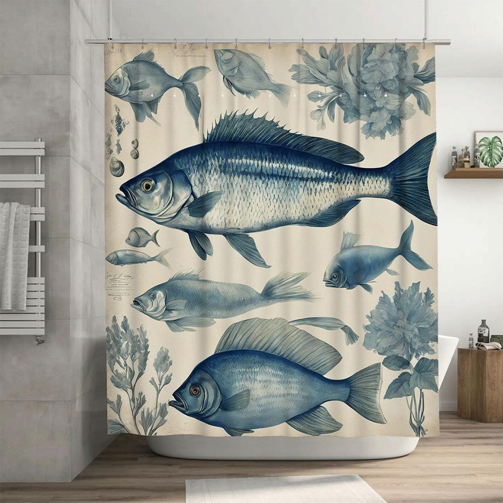 Classic Fish Print Shower Curtain Luxury Blue Flower Design for Bathrooms Decor Waterproof Fabric Home Accessories in White Dark