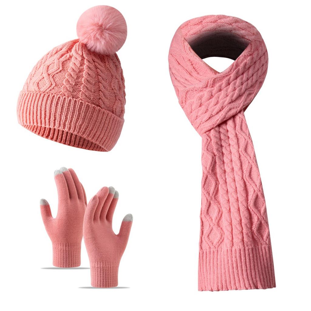 Women Winter Warm 3 Piece Set Twist Knit Beanie Scarf Gloves Solid Color Ski Christmas Gift