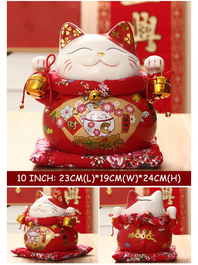 10 inch Ceramic Lucky Cat Money Bank Maneki Neko Fortune Cats Porcelain Happy Smiling Cat Figures Feng Shui Decor Ornament