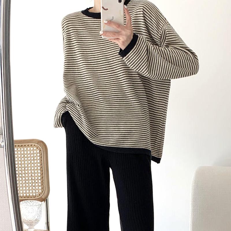 

Свободные футболки в полоску в стиле стритвир с круглым вырезом, нейтральные, хипстерские, для отдыха, простые, корейские, для осени и зимы, женская одежда 2022 XXXL чёрный