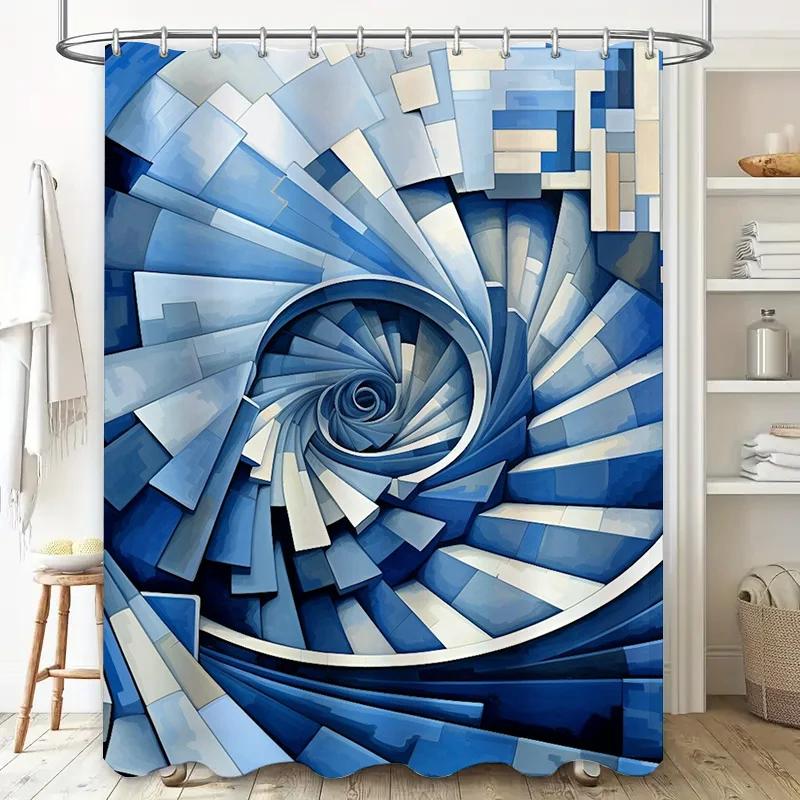 Blue Geometric Spiral Waterproof Shower Curtain - Modern Art Design For Bathroom Decor, Perfect For A Stylish And Unique Look