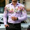 Men's Long-Sleeve Shirt, High-Definition Floral Print White Slim Fit Shirt, European Size Business Casual Men's Top