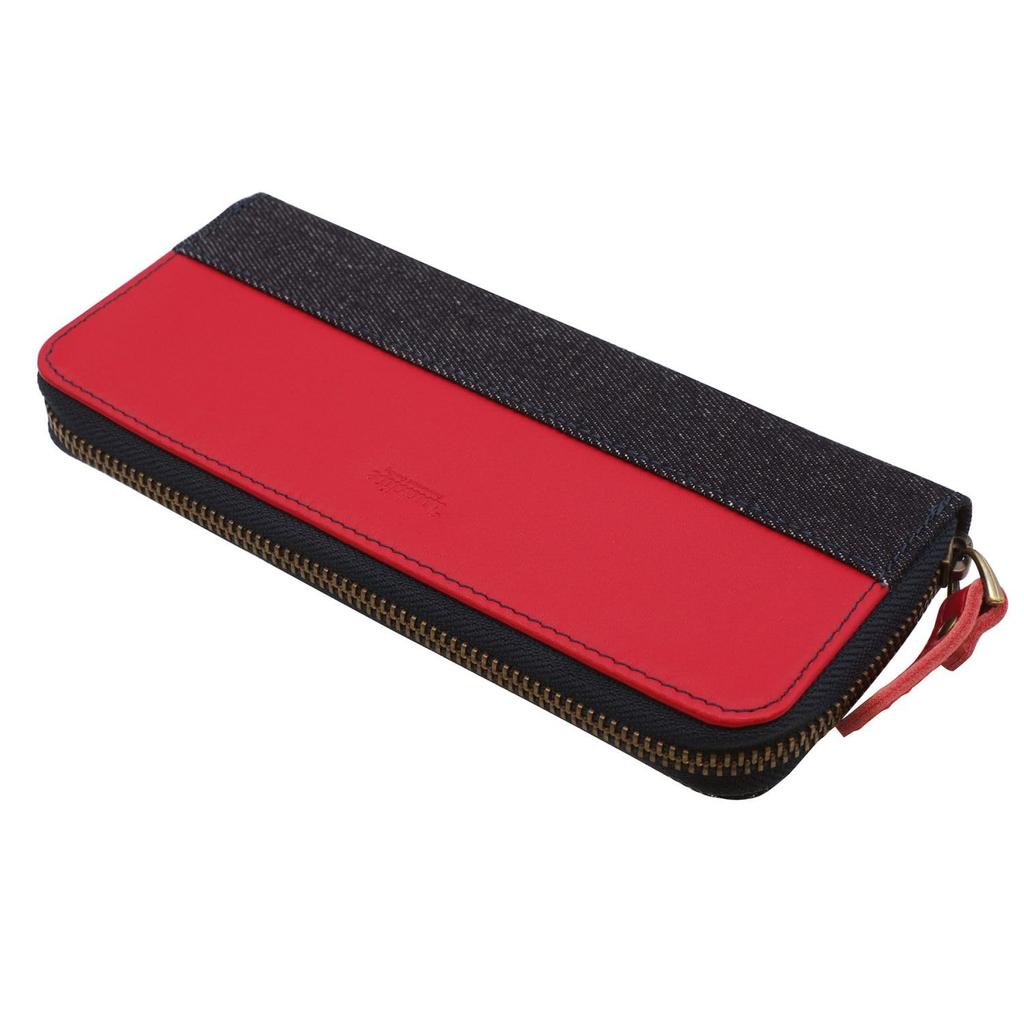 Luddite Leather Combination Round Zip Pen Case Denim and Genuine Leather Pencil Case (2) [Red] LDKC-RZP2-03