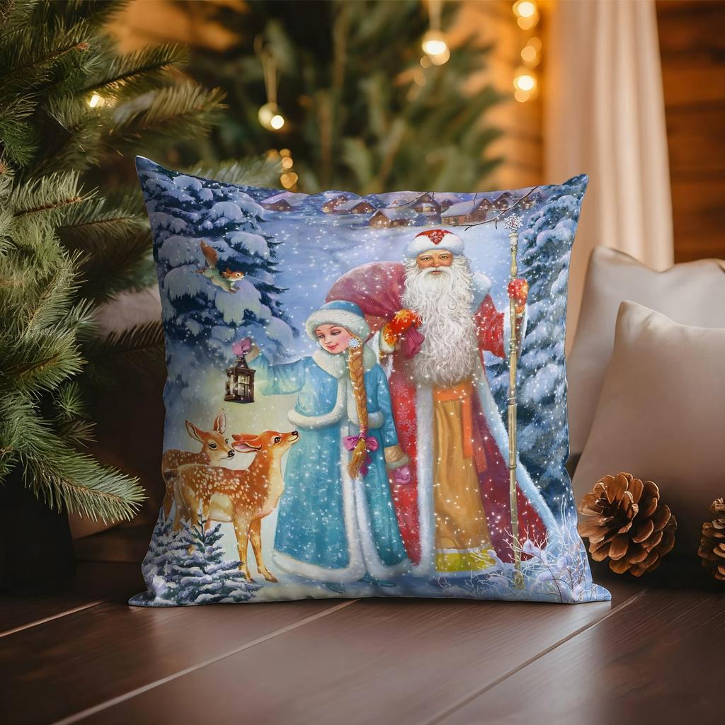 Christmas pillowcase: dreamy patterns of Santa Claus and fairy tale characters, home holiday warm atmosphere