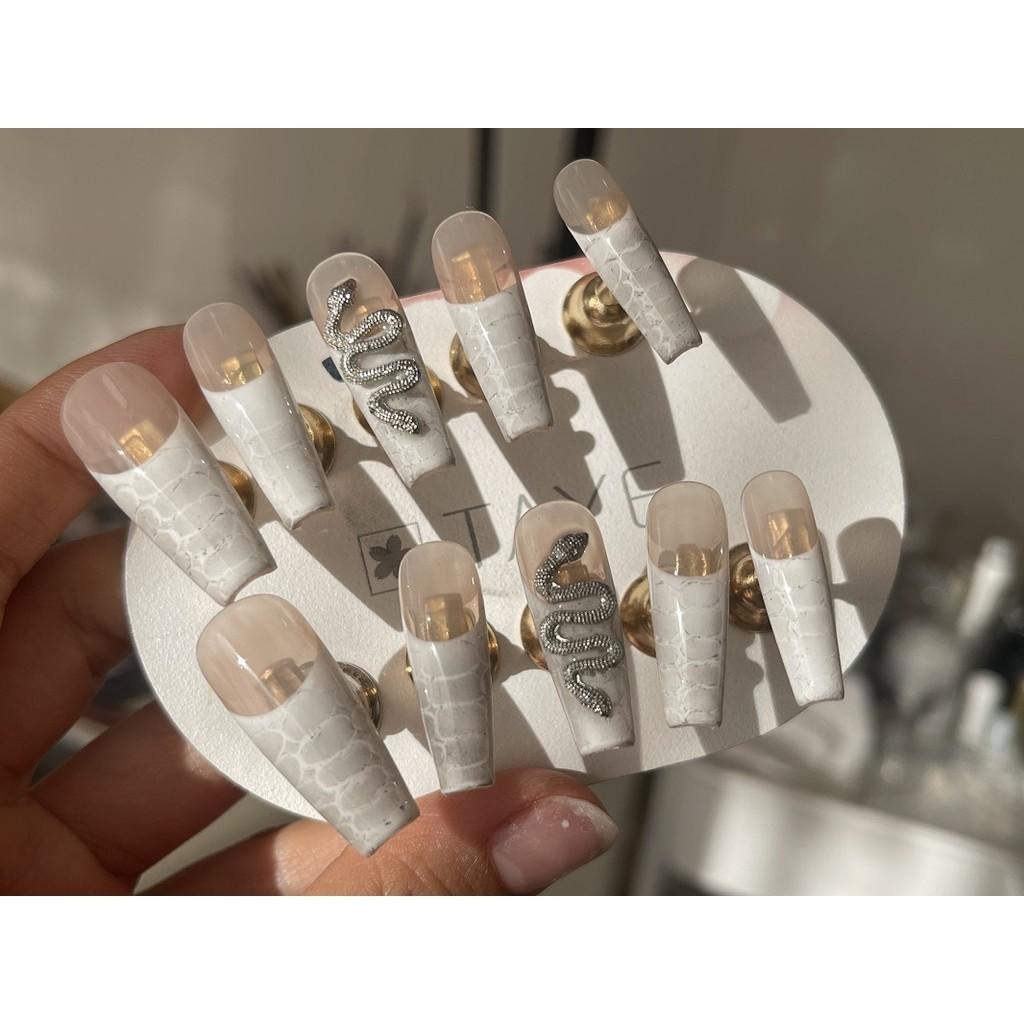 100% HANDMADE Long Coffin Shape Fake Nail Set with Glue White Snake Pattern Silver Snake Y2K Press On Nails Acrylic Fake Nails Reusable Fake Nails
