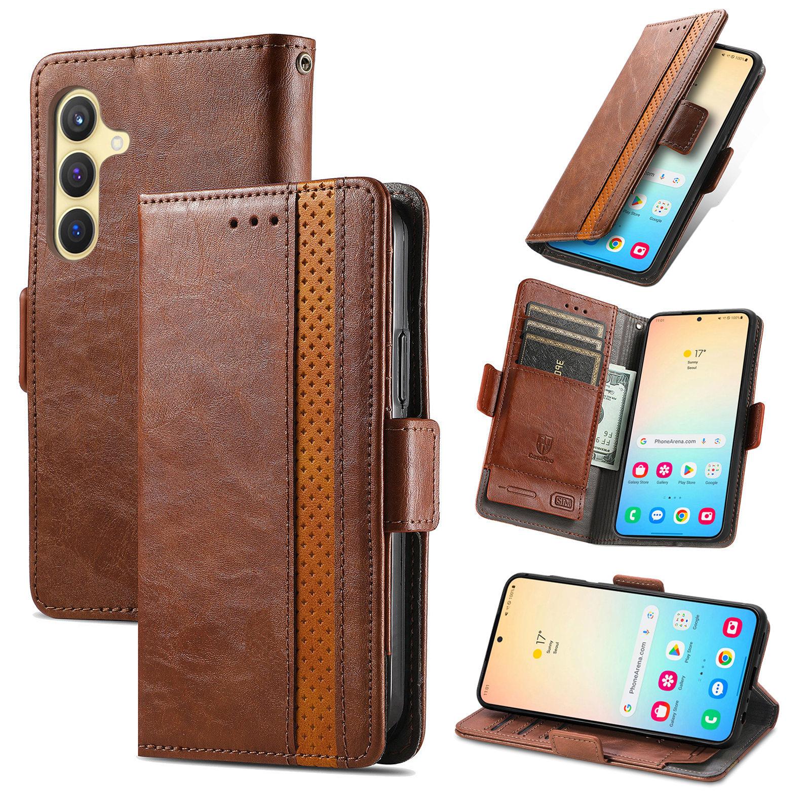 

For Samsung Galaxy S25 Phone Cases CASENEO PU Leather Cover Stand with RFID Blocking Wallet Dark Brown