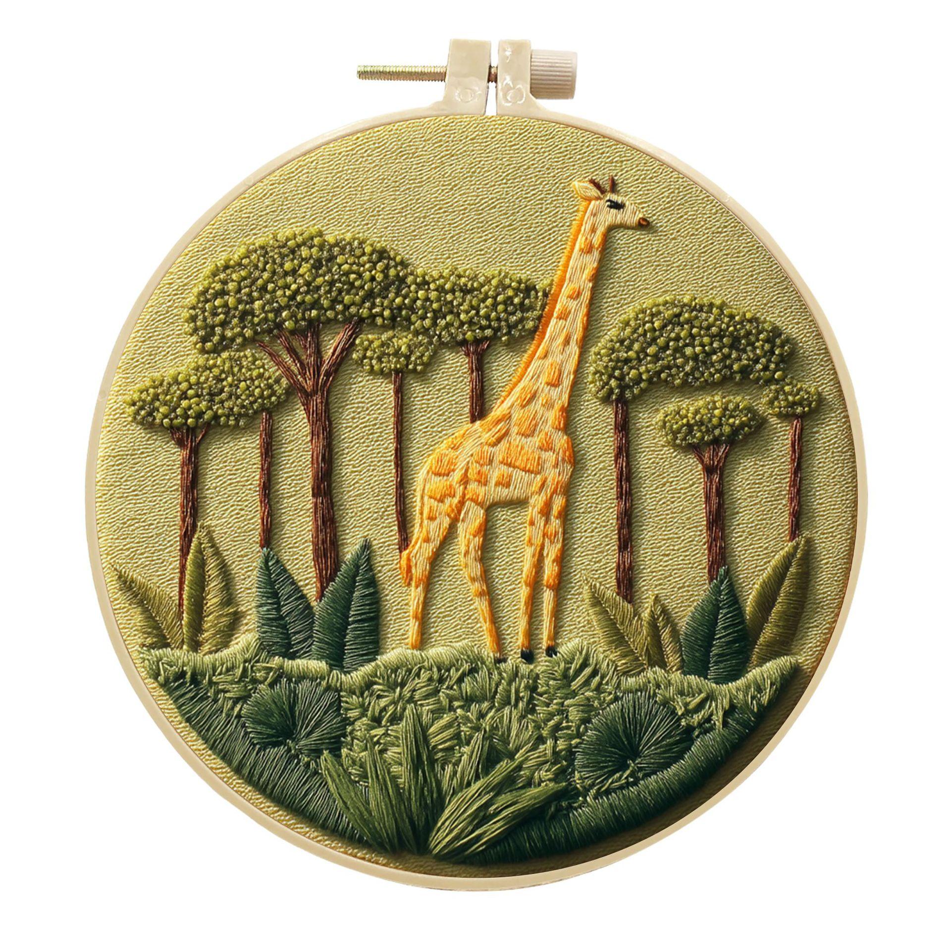

1pc Giraffe and Green Plant Pattern DIY Embroidery Kit for Beginners 20cm