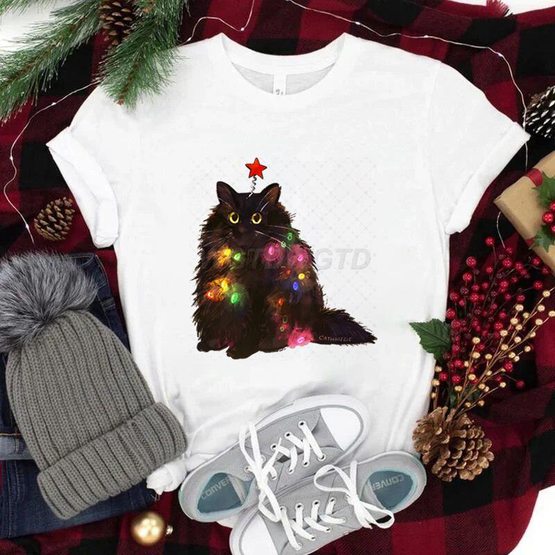 Women Tshirts Christmas Lights Cat Kawaii Cartoon Tops Tees Cute Animal Lover Funny T Shirts Girl Black Cat Fashion Casual Tops