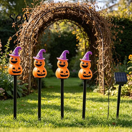 Festive Outdoor Lighting 4Pcs/Set Halloween Solar Ghost Stake Light, 4-in-1 Pumpkin with LED Automatic Dusk to Dawn Lights Lights,