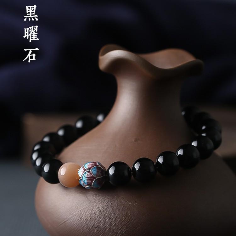 Obsidian Cloisonné Meditation Lotus Bracelet for Men and Women, Buddhist Bead Single-Loop Couple's Bracelet