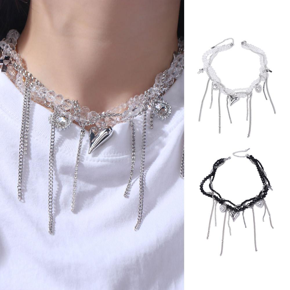 Punk Heart Pendant Necklace Geometry Y2K Crystal Necklace Adjustable Beaded Rhinestone Choker  Gift