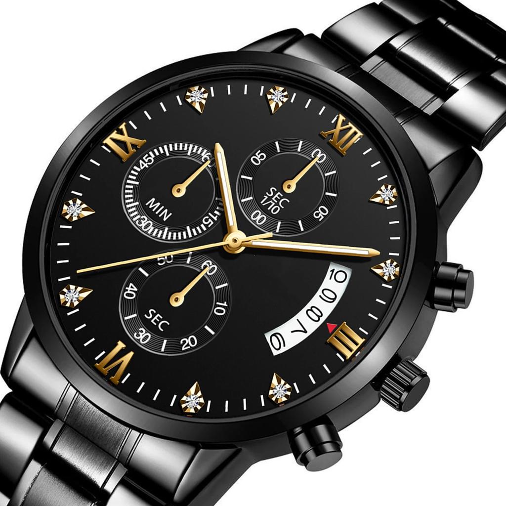 Multifunktionale Herren Quarz Uhr Business Strass Edelstahl Kalender Zeitmessung Armbanduhr