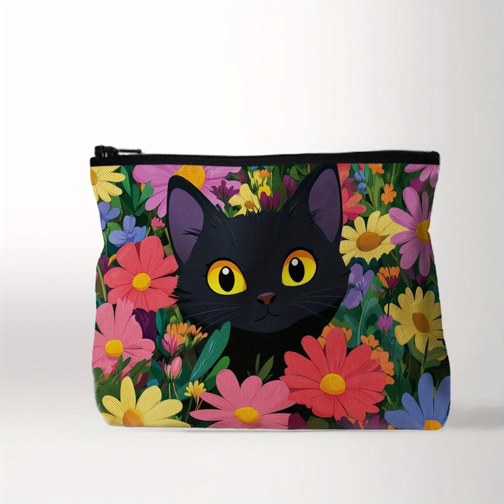 Charming Black Cat & Floral Canvas Organizer Bag - Cartoon Style Zippered Makeup Pouch, Makeup Travel Ba