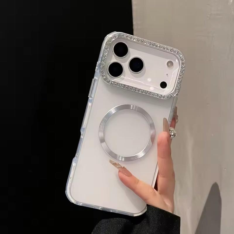 Luxury Sparkling Diamond Decorative Camera Frame Magnetic Case iPhone 17 Air 16 15 14 Plus 13 12 Pro Max 11 Shock Bumper Cover