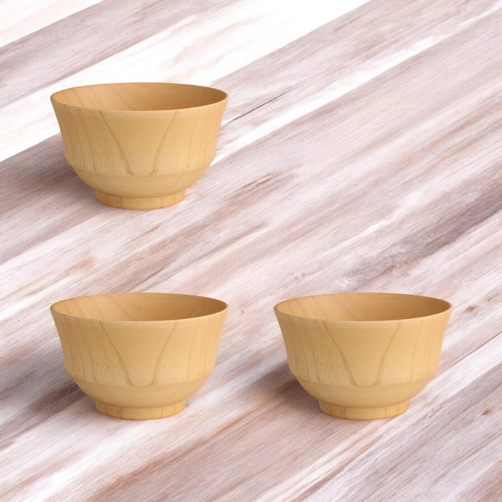J-kitchens Miso Soup Bowls, Wooden, Natural Wood Design, Large, Set of 3, 12.5cm X 7.5cm
