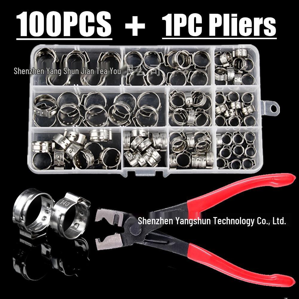 100-Piece Set: 304 Stainless Steel Single Ear Stepless Hose Clamps (5.3-15.3mm) with Pliers
