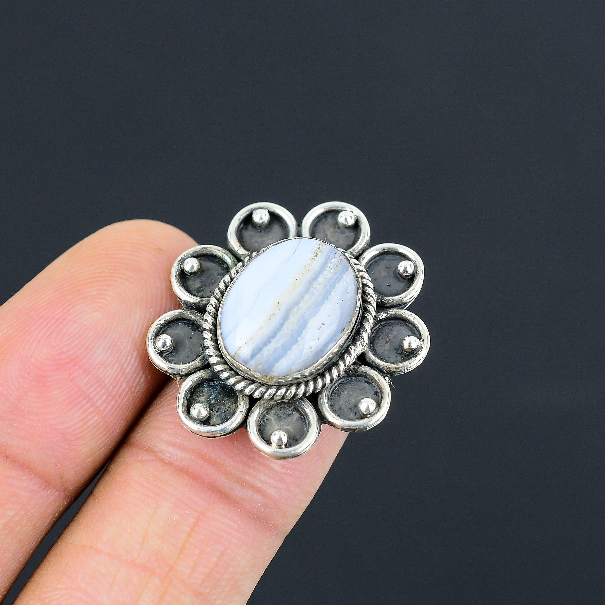 

Gift For Her 925 Silver Natural Blue Lace Agate Gemstone Stackable Ring Size 7 7