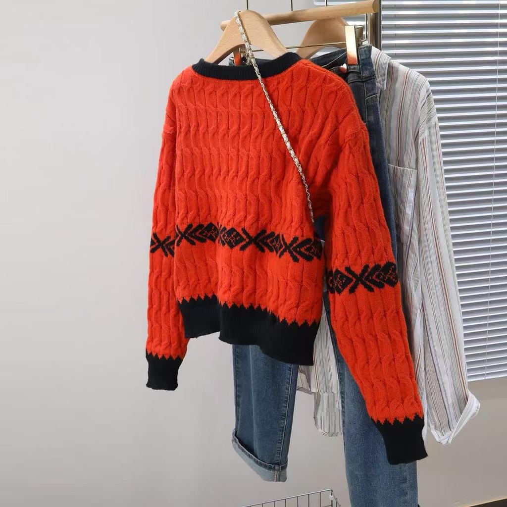 Autumn and Winter Knitted Sweater Loose V-neck Retro Contrasting Striped Sweater