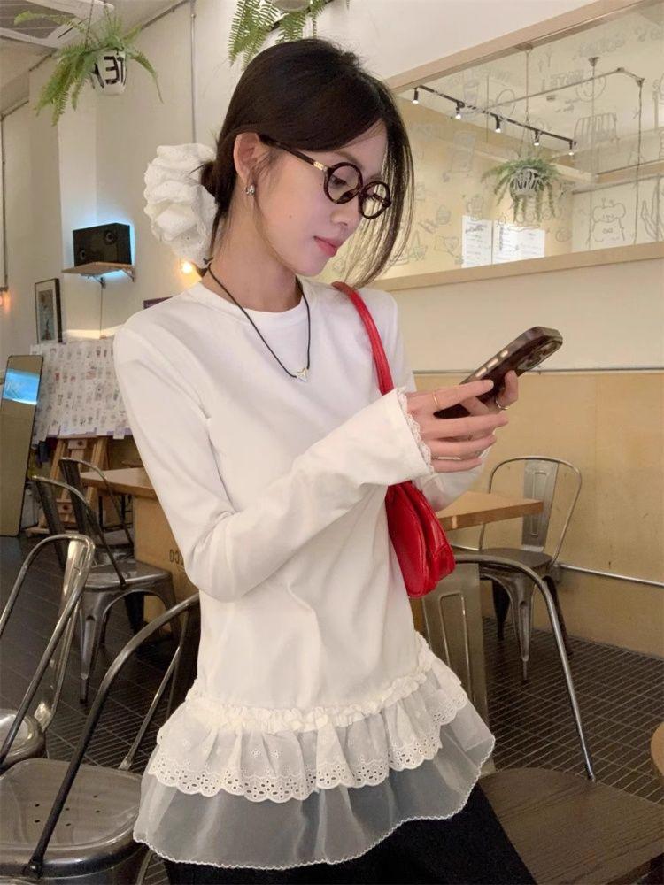 270g German Velvet Korean Lace Patchwork Round Neck Long Sleeve T-shirt - Slimming & Flattering Autumn/Winter Top