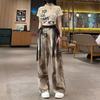 Casual Vintage Elastic High Waist Loose Printing Pants Women's Clothing Fashion Summer Lace Up Spliced Loose Wide Leg Trousers