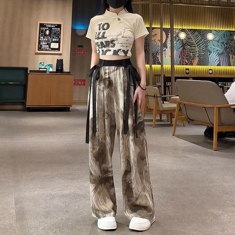 Casual Vintage Elastic High Waist Loose Printing Pants Women's Clothing Fashion Summer Lace Up Spliced Loose Wide Leg Trousers