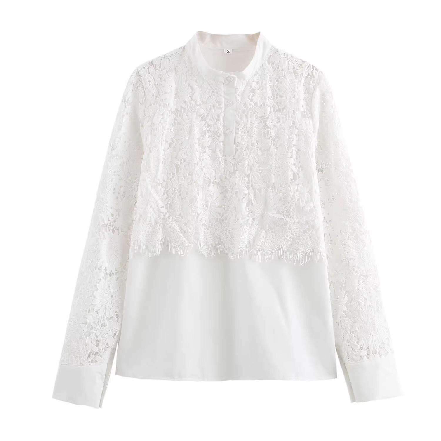 

2025 Spring Women s Casual Patchwork Lace Long Sleeve Shirt - European & American Style Fashion L