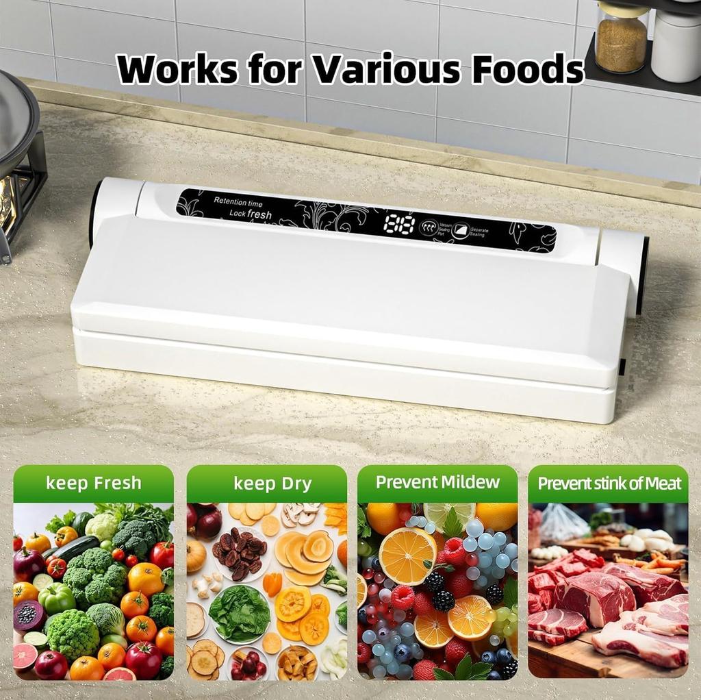 New Upgrade Compact Vacuum Sealer Machine, 75KPA Strong Suction, LED Digital Timer Display, Dual Use For Dry & Wet Foods