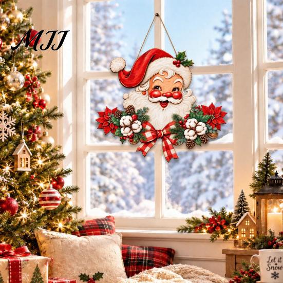 Retro Style Wooden Sign Christmas Door Hanger, Santa Claus Front Wall Plaque, Holiday Seasonal Decor for Entryway Mantel Corridor Decor,