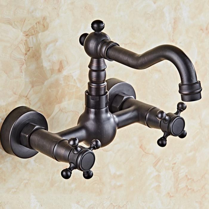 Antique Wall Mounted Basin Faucets Bathroom Black Dual Handles Bathtub Faucet Hot Cold Water Mixer Tap Household