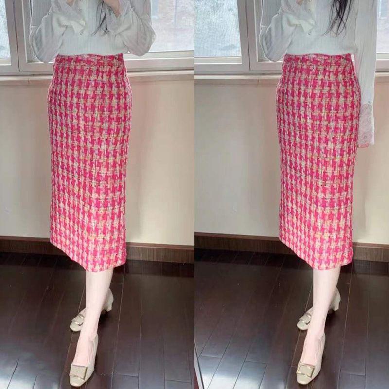 Women's High-Waisted Tweed Plaid Houndstooth Skirt - Spring/Autumn