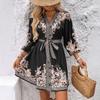 Women's V Neck Seven Sleeve A Line Dress Loose Fit Waist Tie Paisley Print Casual Summer Shirt Mini Dress