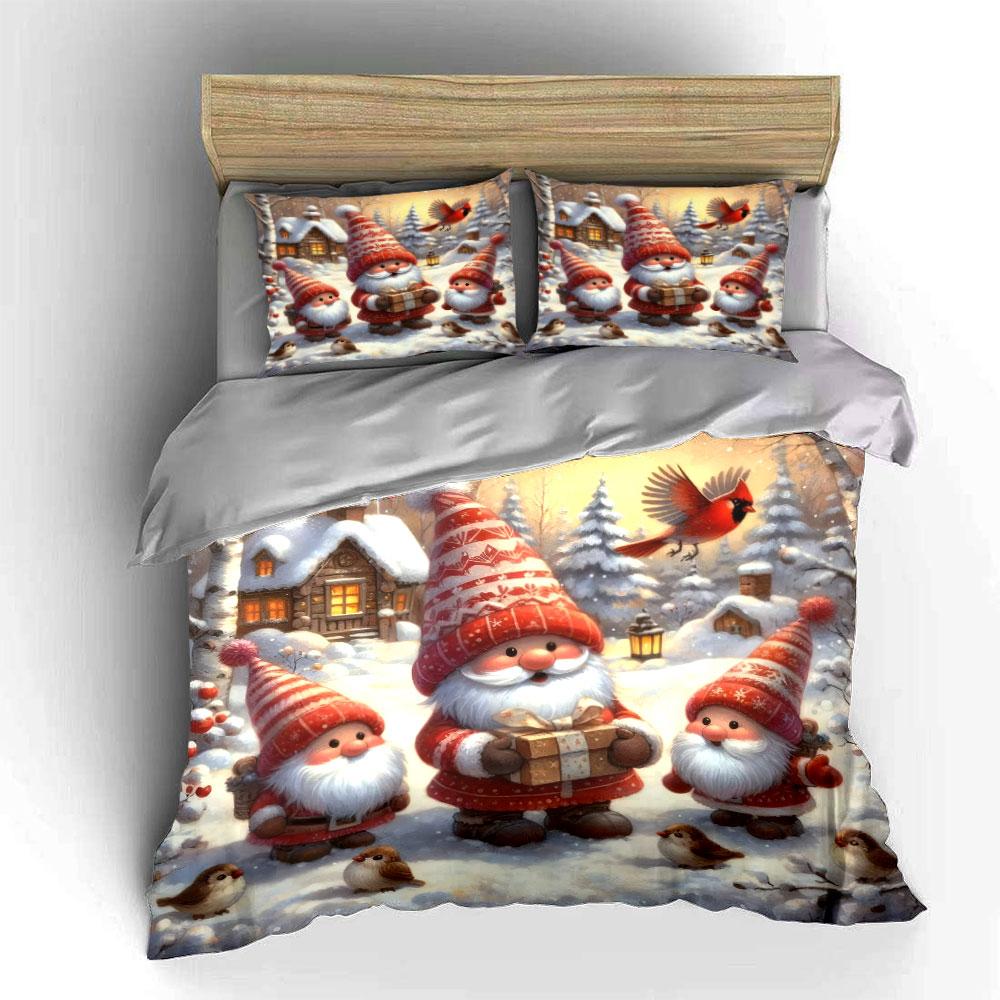 Christmas Gnomes In Snowy Scene Bedding Duvet Cover Set (1*Duvet Cover 2*Pillowcases, Without Duvet Insert)