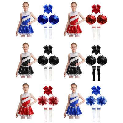 Kinder Mädchen Cheerleading Tanzkostüm Set: Glänzendes Pailletten-Patchwork-Kleid mit verdecktem Reißverschluss, Schleifen-Haarschmuck, Handblumen & Gestreifte Socken