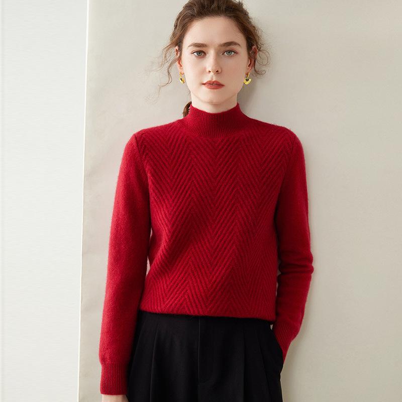 

Женский двухниточный утолщенный кашемировый свитер - Полувысокий воротник, Свободный крой, Однотонный трикотаж для зимы M