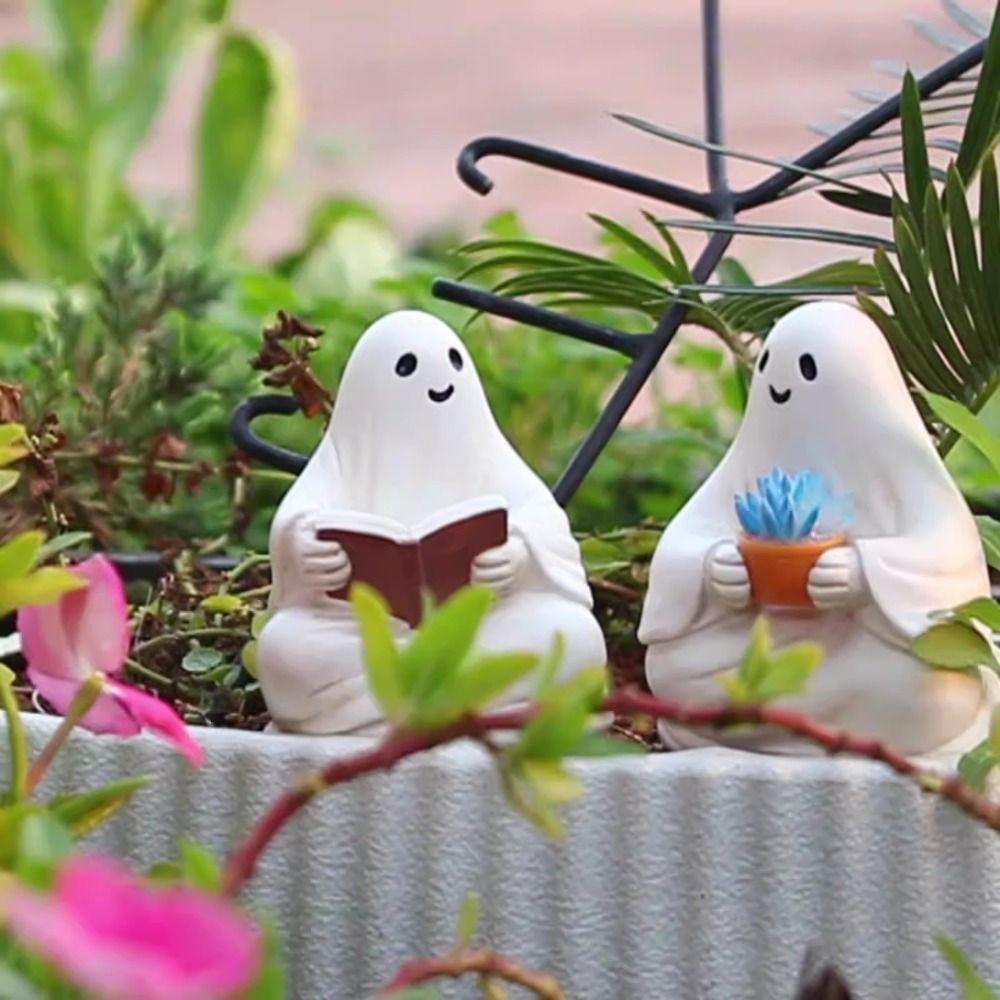 2pcs Resin Halloween Ghost Ornaments Cute Reading Ghost Statue Micro Landscape Ghost Sculpture  Gift