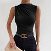 Spring and Summer New Fashionable and Versatile Solid Color Pleated Sleeveless Head Half High Neck T-shirt