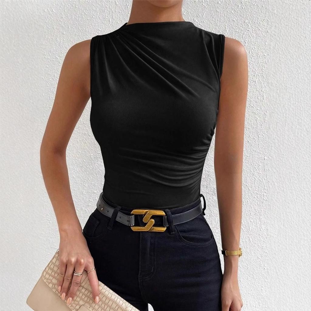 Spring and Summer New Fashionable and Versatile Solid Color Pleated Sleeveless Head Half High Neck T-shirt