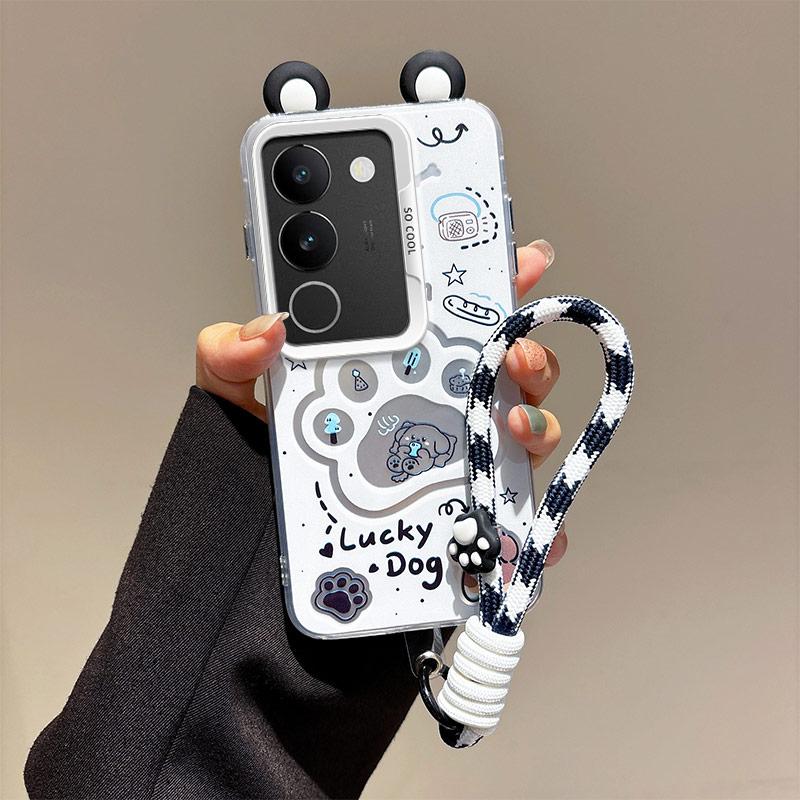 KEYSION Cute Ear Cartoon Case for VIVO V29 5G with Lanyard Soft Silicone+PC Shockproof Phone Back Cover for VIVO V29 5G