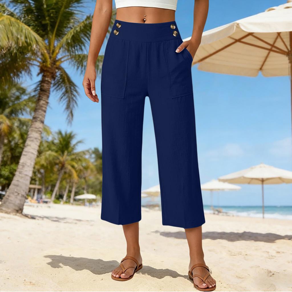 Women's Loose Fit Solid Color Straight Leg Elastic Waist Beach Capris Casual Pants with Button Detail and Side Pockets