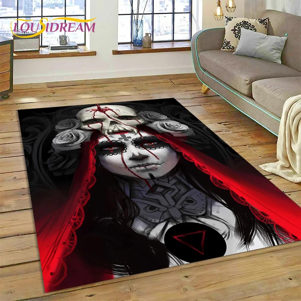 Skull Dead Girl 3D Gothic Horror Female Rose Rug Carpet for Living Room Bedroom Decor,Non-slip Decoration for Sofa Doormat Gift