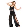 S-XXL Women Lyrical Dance Crop Top V Neck Sleeveless Back Crossing Fringe with Mesh Wide Leg Pants Built-in Briefs for Modern Dance Performance