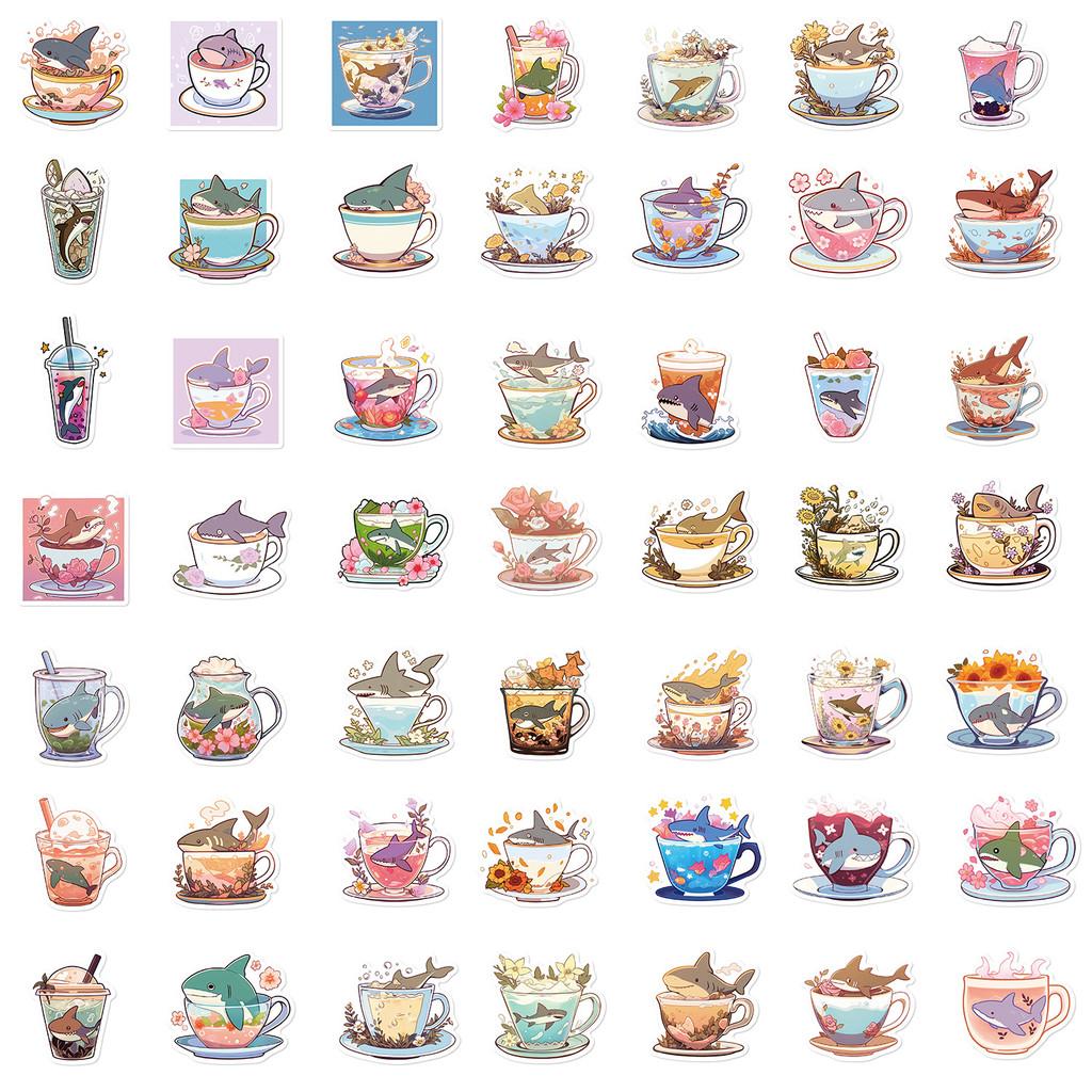 50-Piece Set No Duplicates: Cute Cartoon Shark Cup-Inspired Stickers - DIY Waterproof Decor for Notebooks, Phone Cases